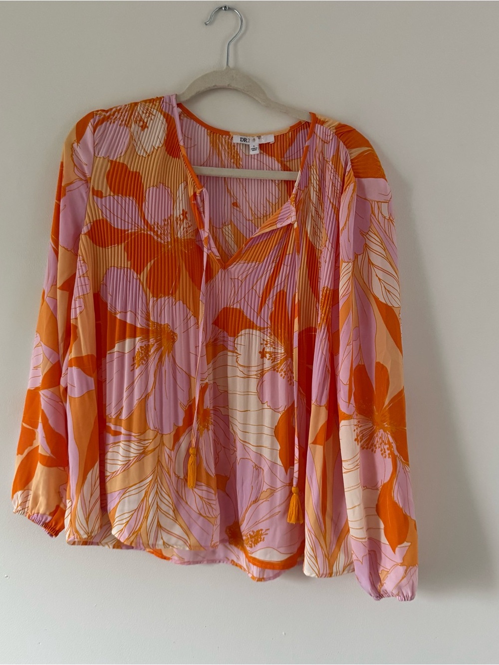 DR2 Romantic Pleated Floral Blouse Pink Orange Boho Resort Top